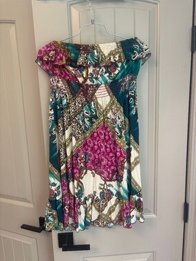 C’est Moi One Size Boho Patchwork Print Dress Off Shoulder Colorful Tunic